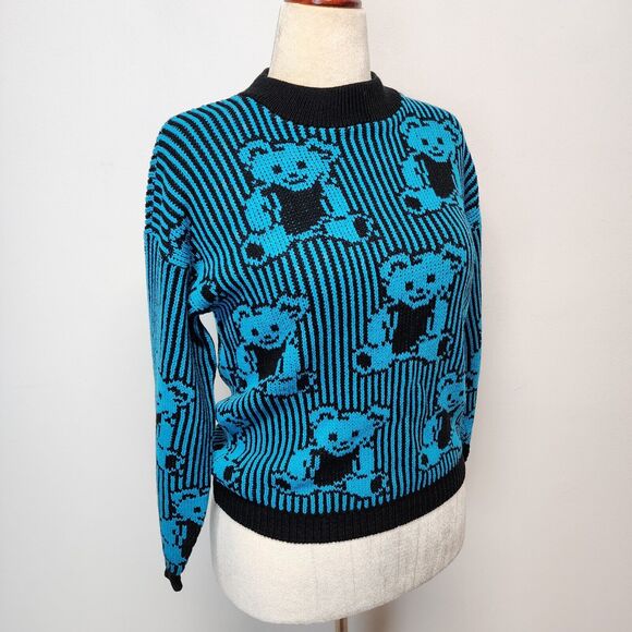 Vintage 80s Adele Knitwear Teddy Bear Sweater Size M Blue Allover Print Retro - Picture 2 of 10